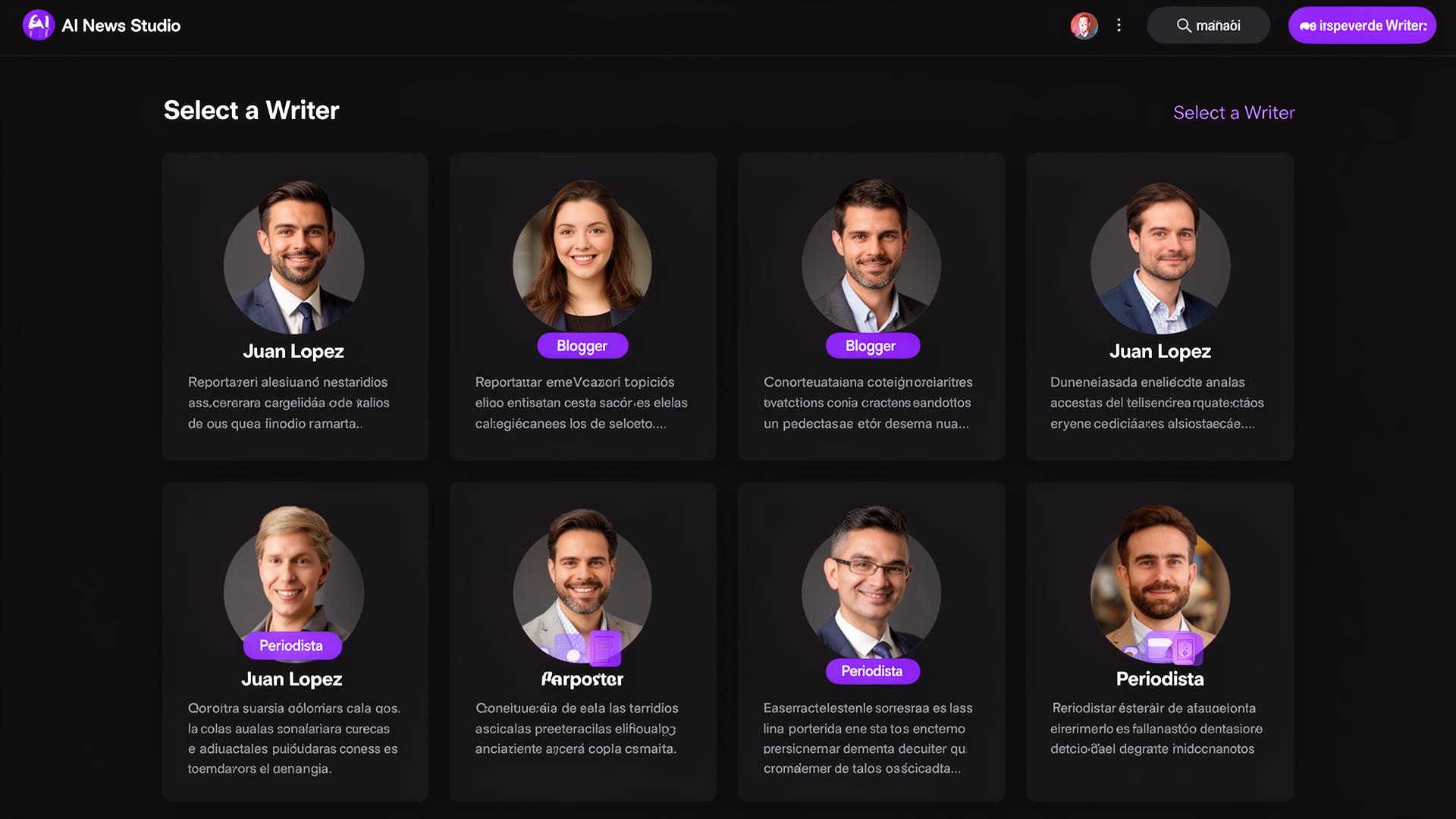 Selector de escritor en AI News Studio